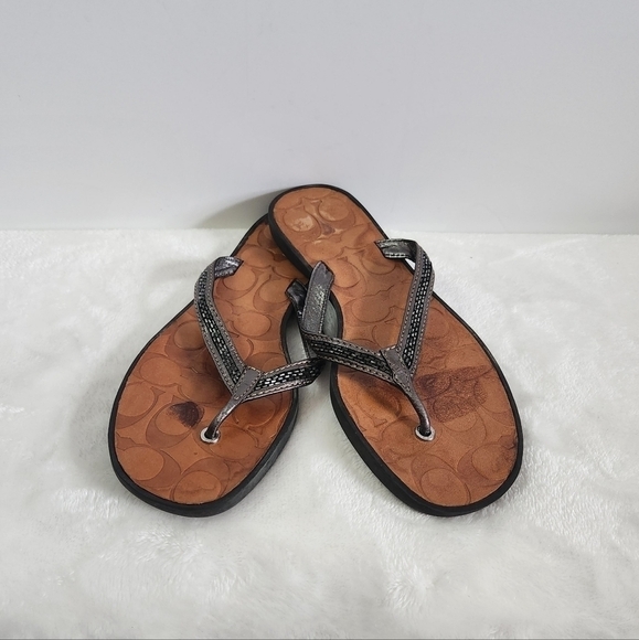COACH Laurel Leather Silver Gray Bugle Beaded Flip Flop Sandals Size 8 - Picture 1 of 16